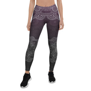 Aegis Fox Purple to Black Mandala Athletic Leggings - 4-Way Stretch Compression Microfiber Workout Leggings with White Pattern Design