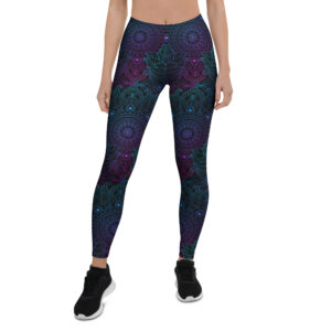 Aegis Fox Purple Blue Green Mandala Leggings - Athletic Compression Leggings with 4-Way Stretch Microfiber | Performance Workout Leggings for Women
