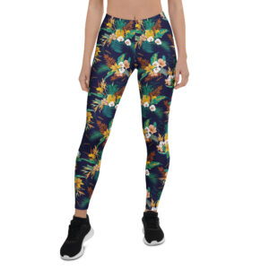 Aegis Fox Navy Blue Tropical Floral Leggings - 4-Way Stretch Microfiber Athletic Compression Leggings for Women with UPF 50+ Protection