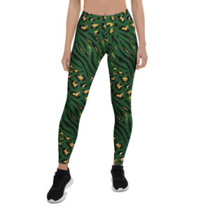 Aegis Fox Green Tiger-Leopard Mixed Print Athletic Leggings - 4-Way Stretch Microfiber Workout Compression Tights for Women