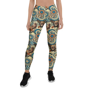Aegis Fox Multi-Color Mandala Athletic Leggings - 4-Way Stretch Microfiber Compression Performance Workout Leggings in Beige, Blue, Black, Orange & White