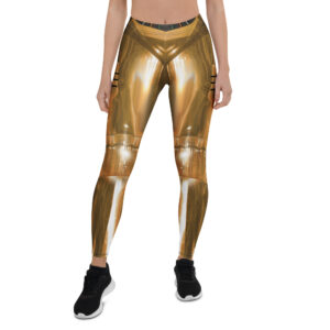 Aegis Fox Gold Metallic Armor Leggings - 4-Way Stretch Compression Athletic Leggings with Futuristic Robot Skin Design for Workout Performance