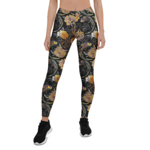 Aegis Fox Black Koi Fish Athletic Leggings - 4-Way Stretch Compression Performance Workout Leggings with Microfiber Japanese Pattern