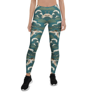 Aegis Fox Blue Crane Wave Pattern Athletic Leggings - Microfiber 4-Way Stretch Workout & Compression Performance Leggings with Japanese Art Design for Women