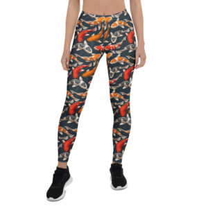 Aegis Fox Japanese Koi Fish Leggings - 4-Way Stretch Microfiber Athletic Workout Compression Leggings for Women (Black/Orange/Red)