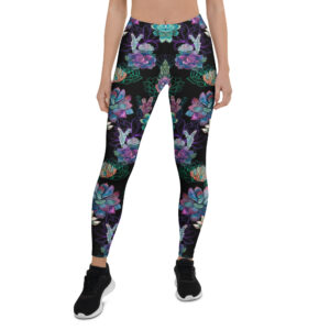 Aegis Fox Black Floral Succulent Leggings - Athletic Performance Compression Leggings with 4-Way Stretch Microfiber Fabric | UPF 50+ Workout Leggings for Women