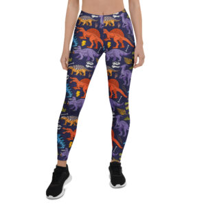 Aegis Fox Dinosaur Print Athletic Leggings - Dark Blue with Colorful Dinosaurs, 4-Way Stretch Microfiber Workout Compression Leggings for Women