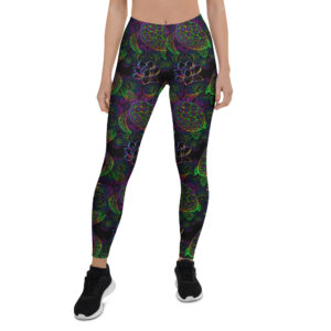 Aegis Fox Neon Turtle & Floral Athletic Leggings - 4-Way Stretch Microfiber Compression Workout Leggings for Women