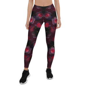 Aegis Fox Black Panther Floral Compression Leggings - 4-Way Stretch Workout Leggings with Red & Purple Flowers | Athletic Performance Microfiber