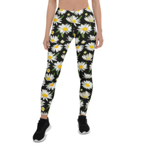 Aegis Fox Black and White Daisy Pattern Athletic Leggings - 4-Way Stretch Microfiber Compression Workout Leggings for Women