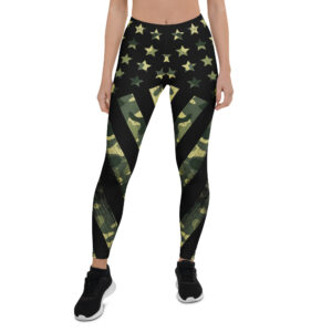 Aegis Fox Green Yellow Stars and Stripes Athletic Leggings - Black 4-Way Stretch Microfiber Workout Compression Leggings, Patriotic Inspired Performance Sportswear