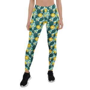 Aegis Fox Green Cactus Leggings with Yellow Flowers - Athletic Compression Leggings with 4-Way Stretch Microfiber for Women - Workout & Running Performance Wear
