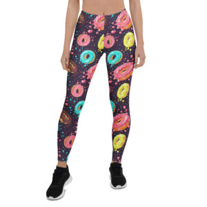 Aegis Fox Dark Multicolor Donut Athletic Leggings - 4-Way Stretch Microfiber Workout Compression Leggings for Women, Pink Blue Yellow Print