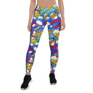 Aegis Fox Multicolor Comic Book Leggings - 4-Way Stretch Compression Athletic Leggings with Pop Art Onomatopoeia Print | Microfiber Performance Workout Wear