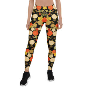 Aegis Fox Japanese Floral Athletic Leggings - Red Orange Blossoms, 4-Way Stretch Microfiber Performance Workout Compression Leggings for Women