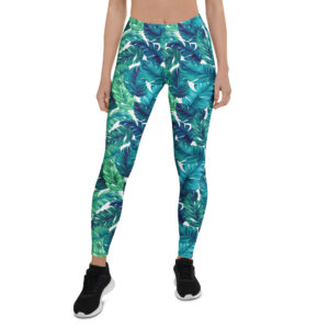 Aegis Fox Green & Blue Tropical Leaf Athletic Leggings - 4-Way Stretch Compression Performance Workout Pants with UPF 50+ Protection