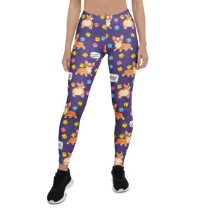 Aegis Fox Purple Corgi Pattern Athletic Leggings - 4-Way Stretch Microfiber Compression Workout Leggings with Cartoon Dogs & Paw Prints