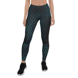 Aegis Fox Black Blue Turquoise Honeycomb Leggings - 4-Way Stretch Athletic Performance Gear | Compression Fit Microfiber Workout Leggings