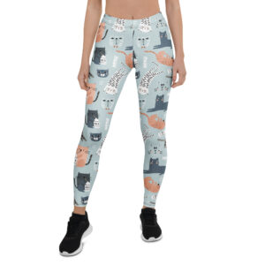 Aegis Fox Blue Cat Print Athletic Leggings - 4-Way Stretch Microfiber Workout Compression Leggings for Women, Cute Cartoon Cats