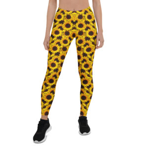 Aegis Fox Sunflower Athletic Leggings - 4-Way Stretch Microfiber Compression Workout Tights with UPF 50+ Protection | Women's Yellow Floral Performance Activewear