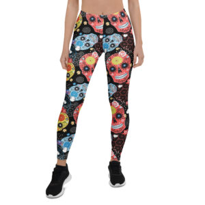 Aegis Fox Multicolor Sugar Skull Leggings - 4-Way Stretch Microfiber Compression Athletic Leggings with Day of the Dead Calavera Design for Workouts