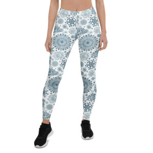 Aegis Fox White & Navy Blue Baroque Athletic Leggings - 4-Way Stretch Microfiber Compression Performance Workout Leggings with Ornamental Pattern