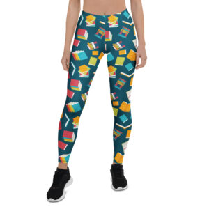 Aegis Fox Deep Teal Book Lover Leggings - 4-Way Stretch Microfiber Athletic Workout Leggings for Bookworms, Women's Compression Book-Themed Performance Apparel