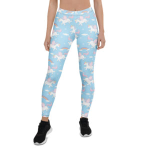 Aegis Fox Unicorn Fantasy Leggings - Light Pastel Blue 4-Way Stretch Microfiber Athletic Compression Workout Leggings with Rainbow Accents
