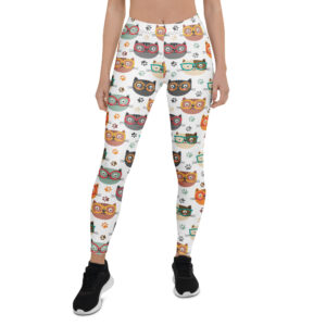 Aegis Fox Multicolor Cartoon Cat Athletic Leggings - 4-Way Stretch Microfiber Compression Performance Workout Leggings for Women with Nerdy Cats & Paw Prints Pattern