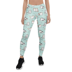 Aegis Fox Pastel Blue Cat Print Athletic Leggings - Kawaii Cartoon Design with 4-Way Stretch Microfiber for Women
