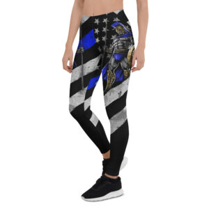 Aegis Fox Thin Blue Line Warrior Athletic Leggings - 4-Way Stretch Compression Performance Leggings with American Flag Design for Women