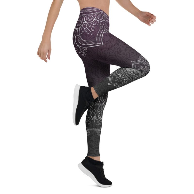 Aegis Fox Purple to Black Mandala Athletic Leggings - 4-Way Stretch Compression Microfiber Workout Leggings with White Pattern Design - Image 7