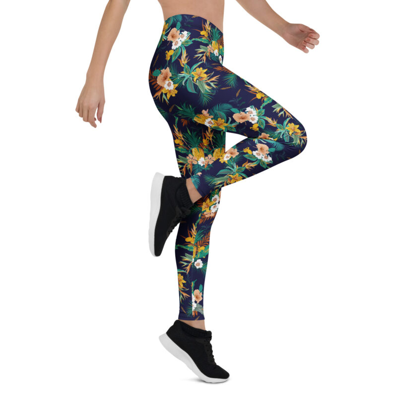 Aegis Fox Navy Blue Tropical Floral Leggings - 4-Way Stretch Microfiber Athletic Compression Leggings for Women with UPF 50+ Protection - Image 7