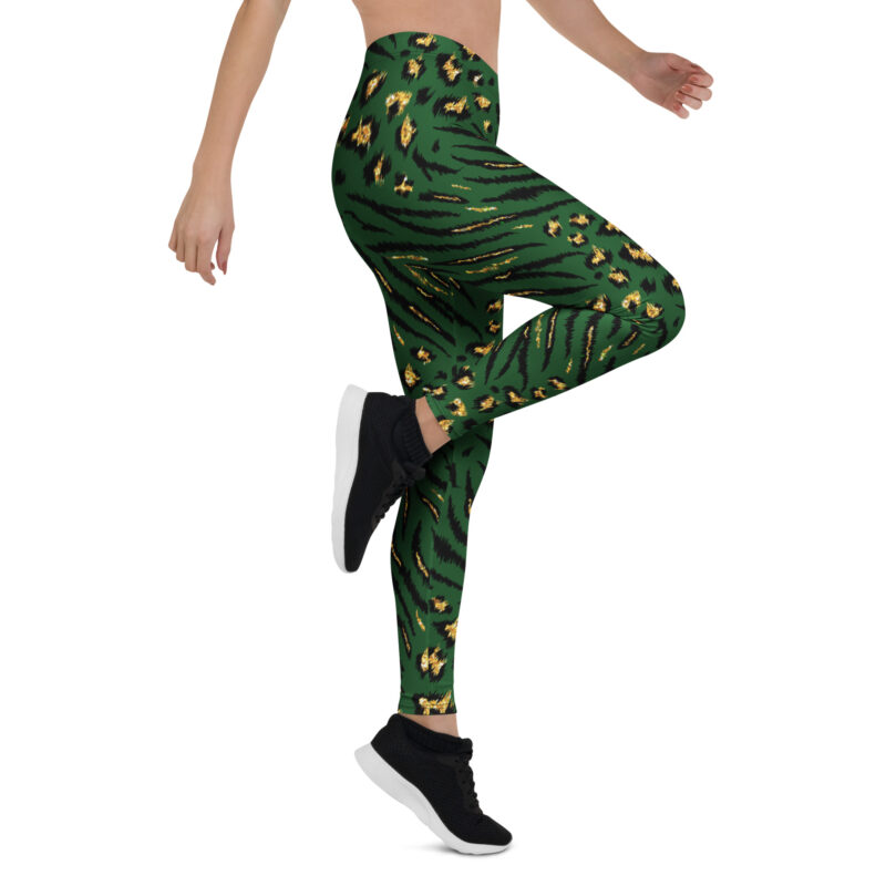 Aegis Fox Green Tiger-Leopard Mixed Print Athletic Leggings - 4-Way Stretch Microfiber Workout Compression Tights for Women - Image 7