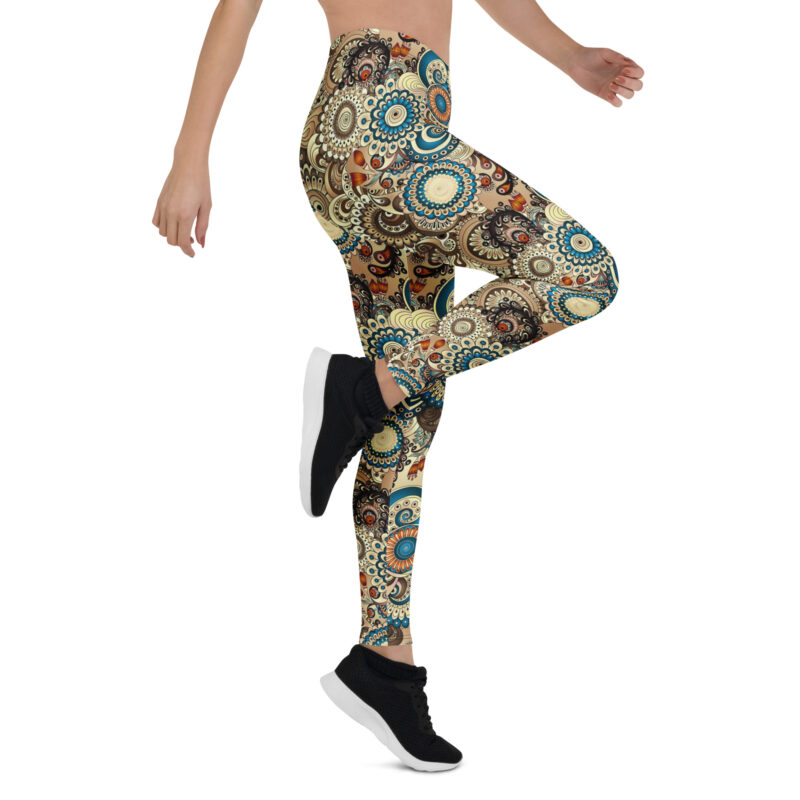 Aegis Fox Multi-Color Mandala Athletic Leggings - 4-Way Stretch Microfiber Compression Performance Workout Leggings in Beige, Blue, Black, Orange & White - Image 7