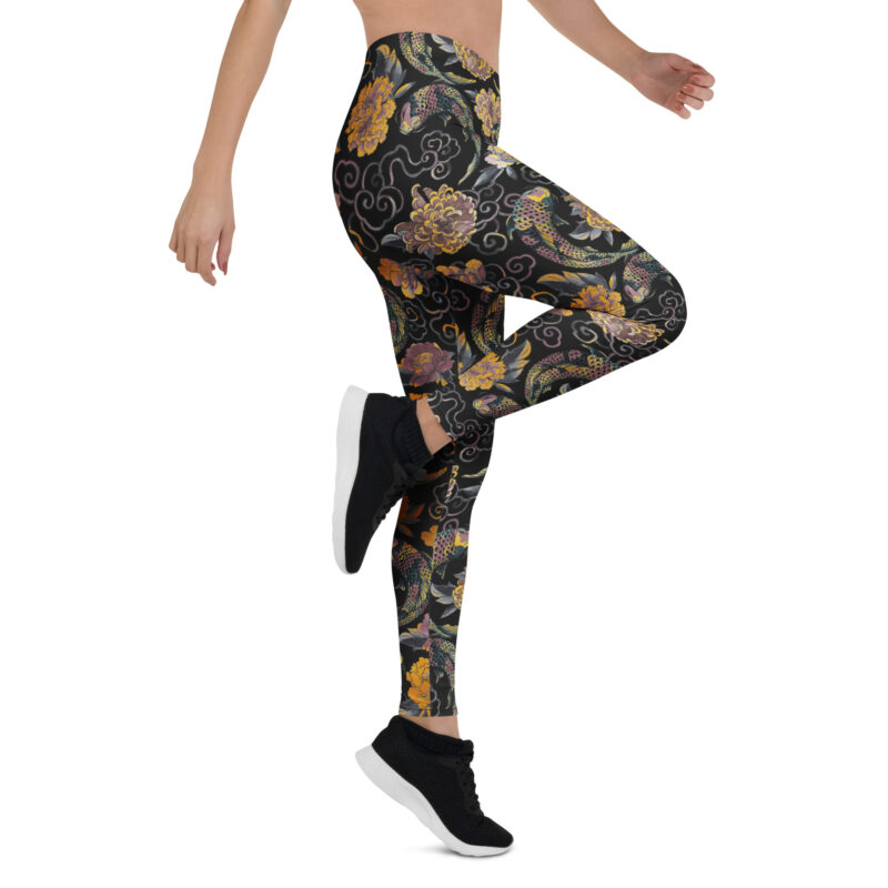 Aegis Fox Black Koi Fish Athletic Leggings - 4-Way Stretch Compression Performance Workout Leggings with Microfiber Japanese Pattern - Image 7