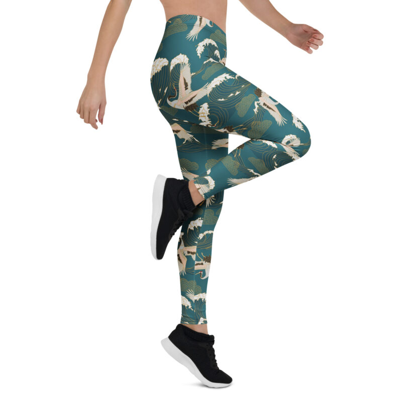 Aegis Fox Blue Crane Wave Pattern Athletic Leggings - Microfiber 4-Way Stretch Workout & Compression Performance Leggings with Japanese Art Design for Women - Image 7