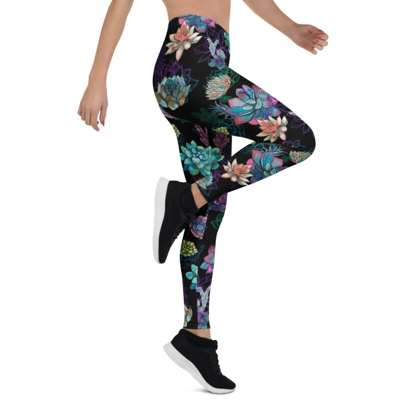 Aegis Fox Black Floral Succulent Leggings - Athletic Performance Compression Leggings with 4-Way Stretch Microfiber Fabric | UPF 50+ Workout Leggings for Women - Image 7