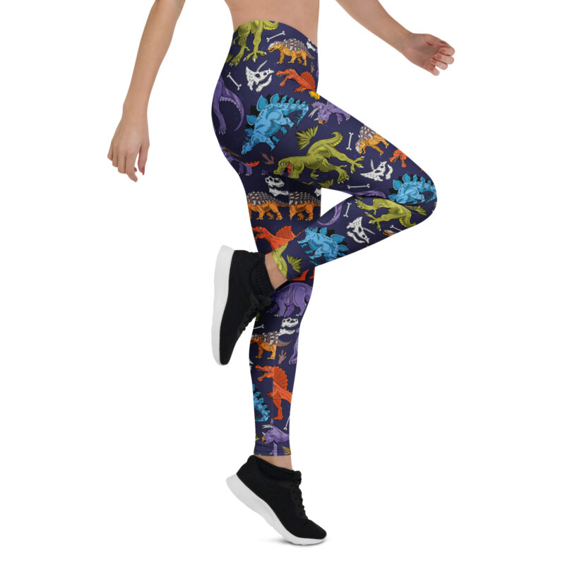 Aegis Fox Dinosaur Print Athletic Leggings - Dark Blue with Colorful Dinosaurs, 4-Way Stretch Microfiber Workout Compression Leggings for Women - Image 7