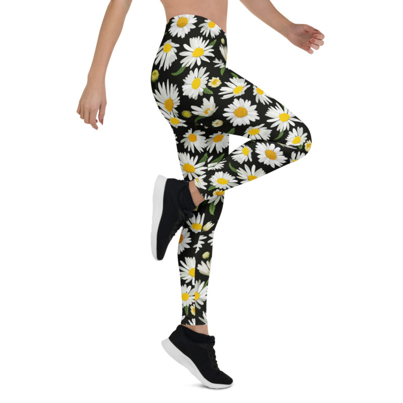 Aegis Fox Black and White Daisy Pattern Athletic Leggings - 4-Way Stretch Microfiber Compression Workout Leggings for Women - Image 7