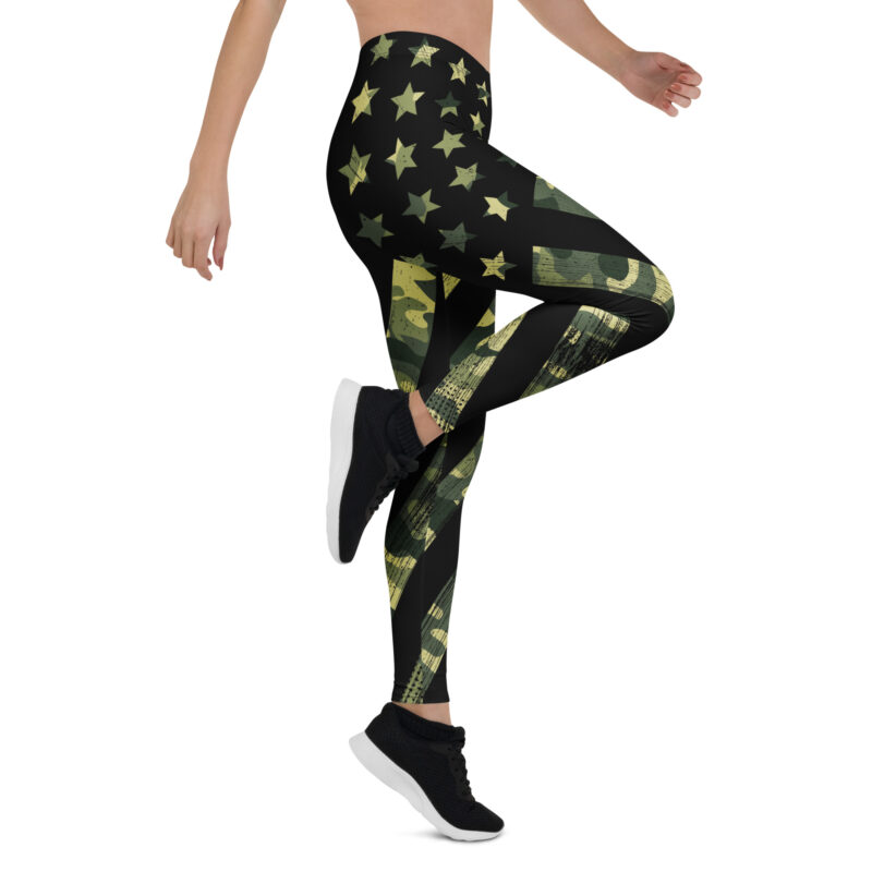 Aegis Fox Green Yellow Stars and Stripes Athletic Leggings - Black 4-Way Stretch Microfiber Workout Compression Leggings, Patriotic Inspired Performance Sportswear - Image 7