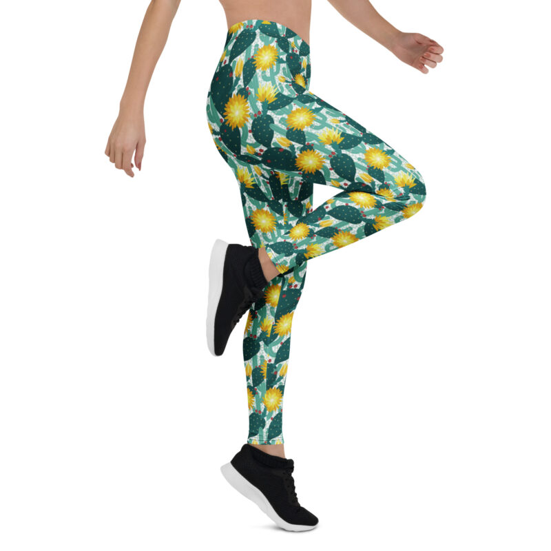 Aegis Fox Green Cactus Leggings with Yellow Flowers - Athletic Compression Leggings with 4-Way Stretch Microfiber for Women - Workout & Running Performance Wear - Image 7