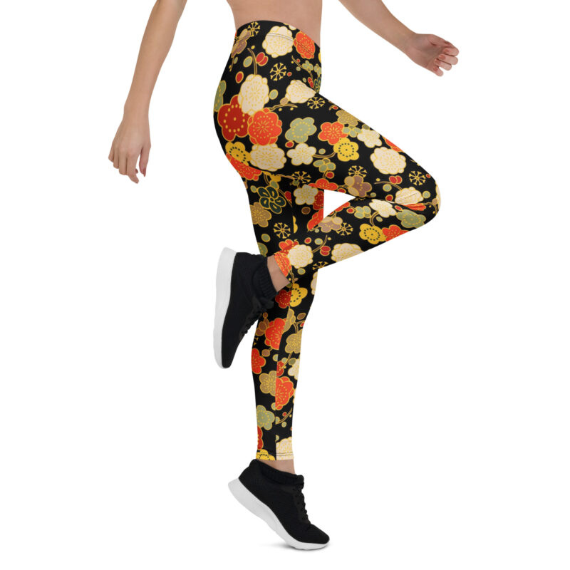 Aegis Fox Japanese Floral Athletic Leggings - Red Orange Blossoms, 4-Way Stretch Microfiber Performance Workout Compression Leggings for Women - Image 7