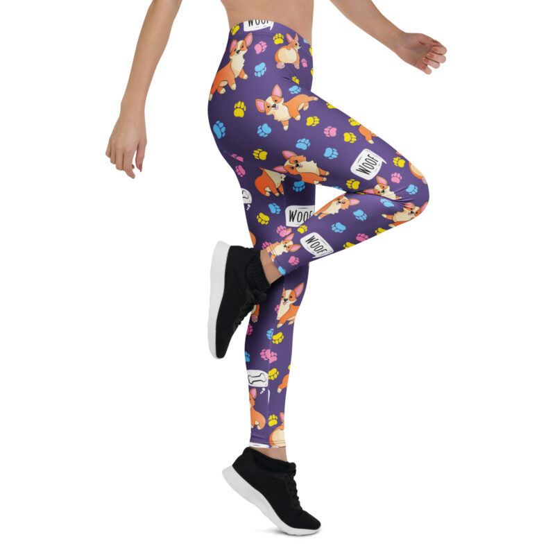 Aegis Fox Purple Corgi Pattern Athletic Leggings - 4-Way Stretch Microfiber Compression Workout Leggings with Cartoon Dogs & Paw Prints - Image 7