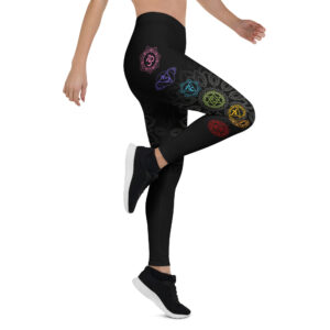 Aegis Fox Black Chakra Athletic Leggings - 4-Way Stretch Compression Workout Pants with Seven Chakra Symbols & Mandala Pattern