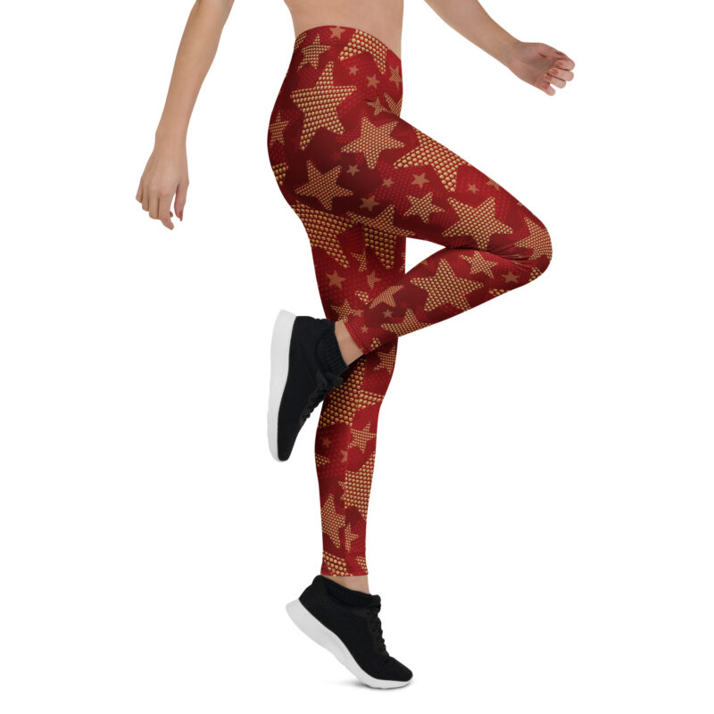 Aegis Fox Deep Red & Gold Star Athletic Leggings - Microfiber Compression Performance Workout Tights - Image 7