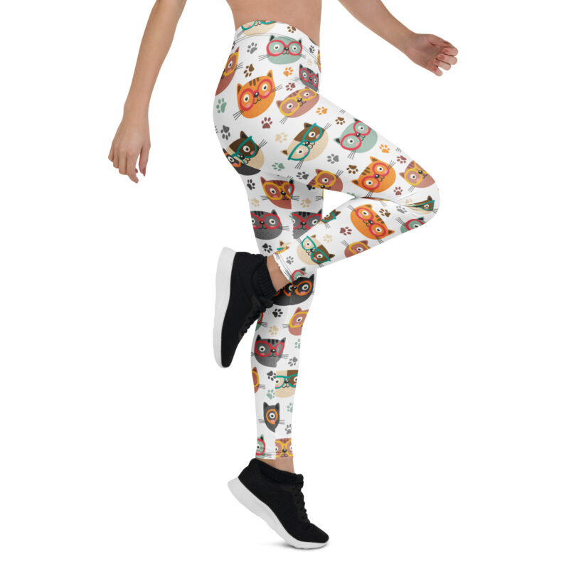 Aegis Fox Multicolor Cartoon Cat Athletic Leggings - 4-Way Stretch Microfiber Compression Performance Workout Leggings for Women with Nerdy Cats & Paw Prints Pattern - Image 7
