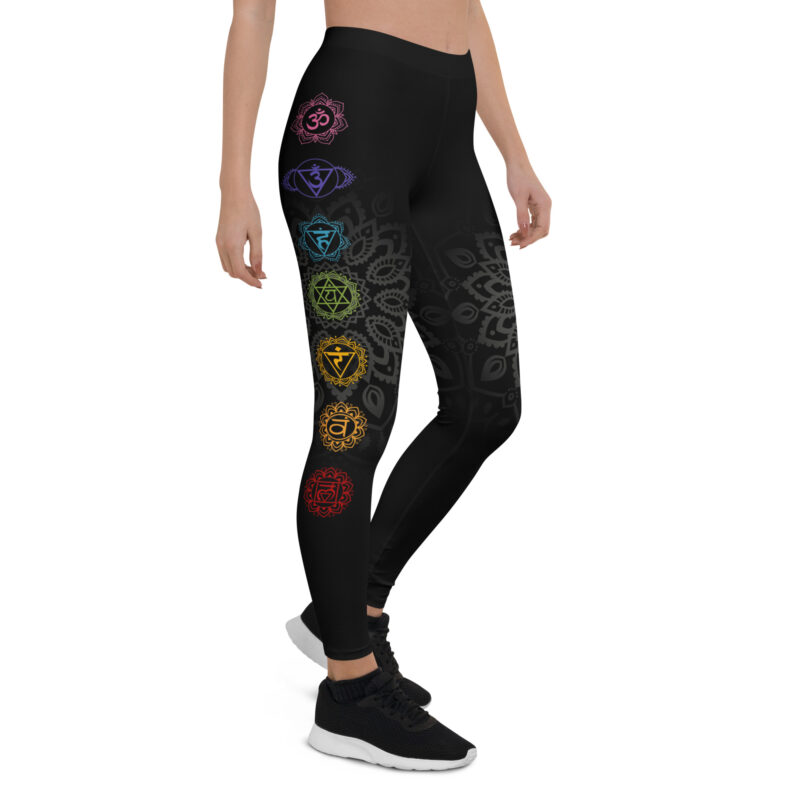 Aegis Fox Black Chakra Athletic Leggings - 4-Way Stretch Compression Workout Pants with Seven Chakra Symbols & Mandala Pattern - Image 7